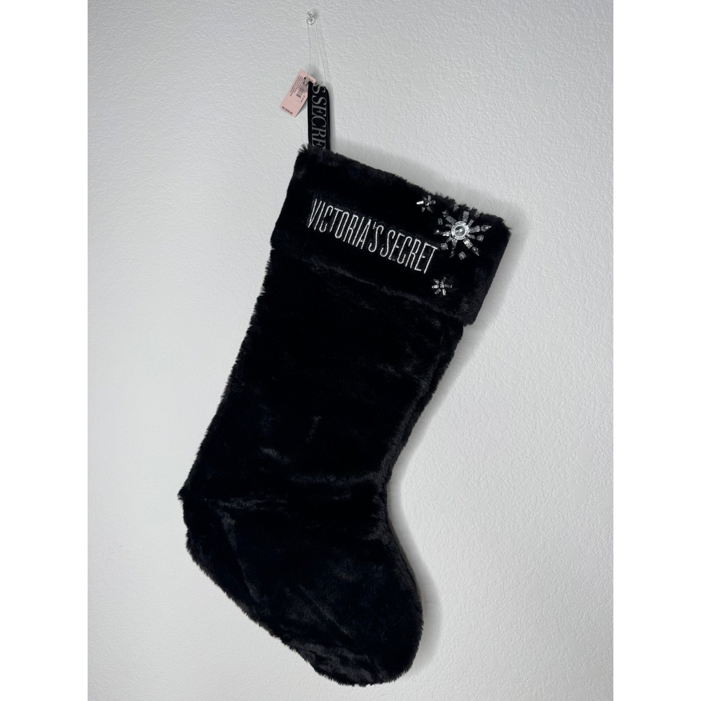 Victorias Secret Black Faux Fur Christmas Stocking Rhinestone Snowflake NEW